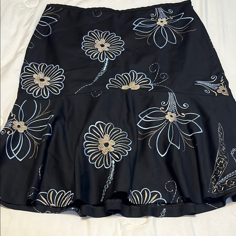 LOFT Black A-Line Skirt with Floral Embroidery